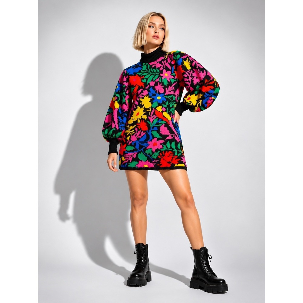 Farm Rio Tropical Tapestry Knit Mini Dress XS Parrot Floral Puff‎ Sleeve